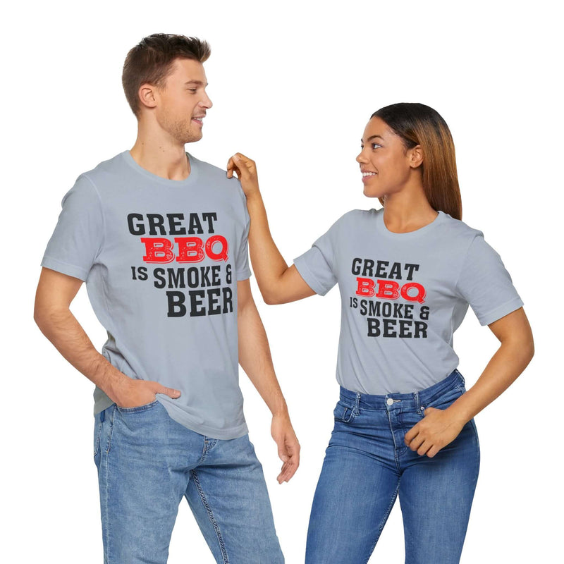 Great BBQ Is Smoke & Beer T Shirt worn by backyard BBQ lovers – DDR BBQ Supply