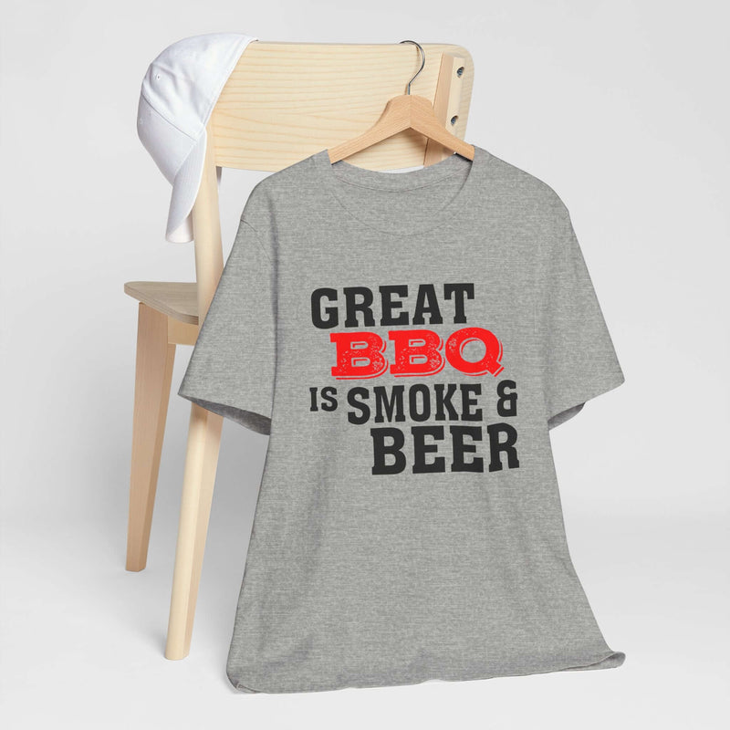 Great BBQ Is Smoke & Beer T Shirt worn by backyard BBQ lovers – DDR BBQ Supply