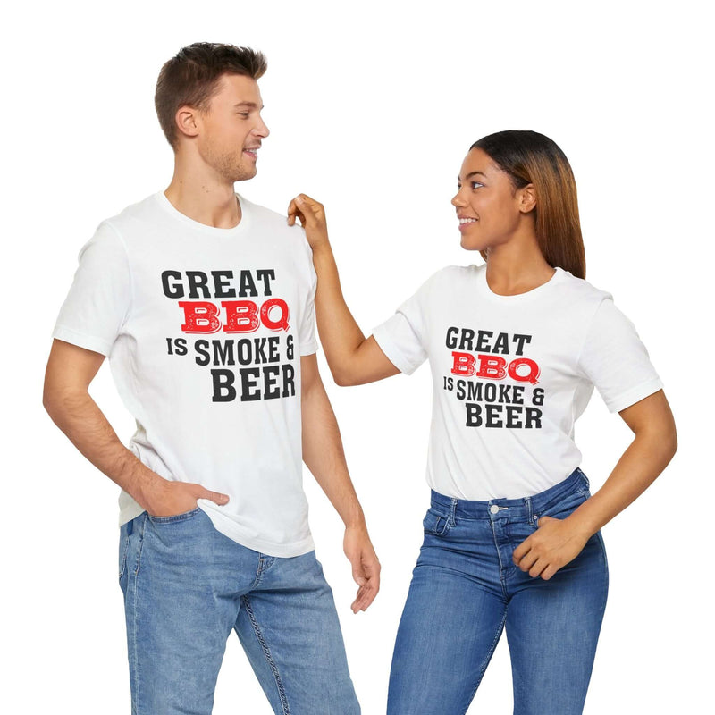 Great BBQ Is Smoke & Beer T Shirt worn by backyard BBQ lovers – DDR BBQ Supply