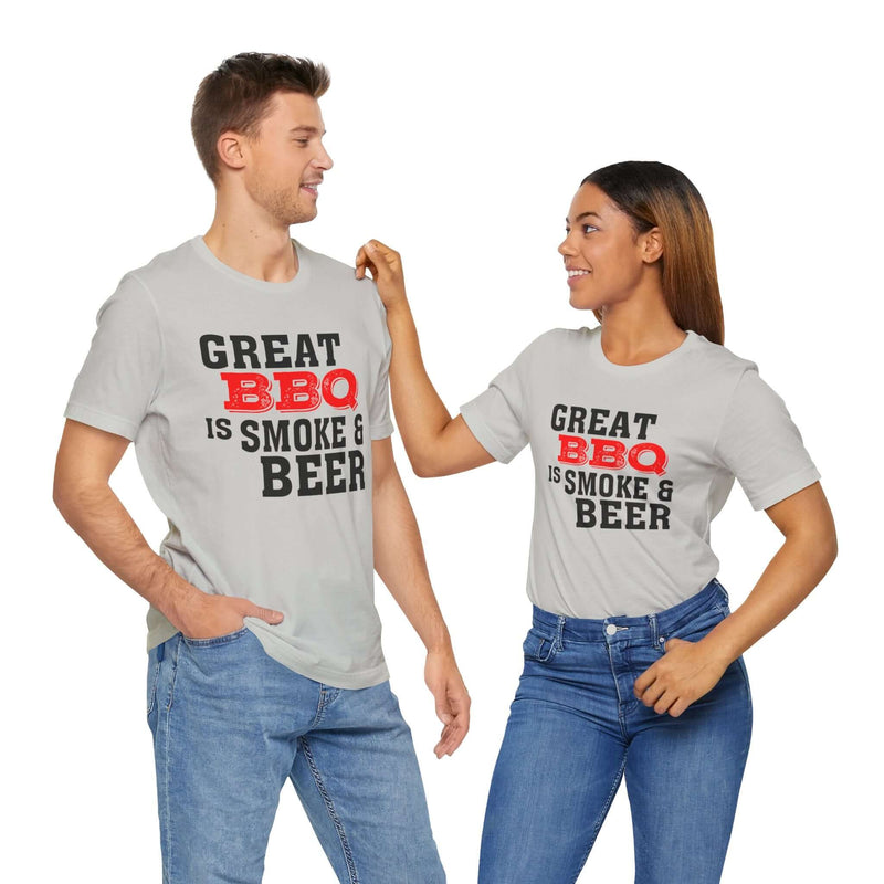 Great BBQ Is Smoke & Beer T Shirt worn by backyard BBQ lovers – DDR BBQ Supply