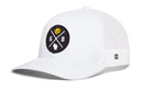 Show off your Wisconsin pride with the Haka Hat Green Bay Trucker Hat | Black GB Cheese X Snapback. This white mesh baseball cap features a round black patch with a bold yellow lion head, the letters G and B, and a small white silhouette. A side tag sports Haka Hat’s geometric logo in black on white, while the classic snapback completes its vintage trucker hat appeal—perfect for any Green Bay fan.