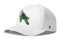 Introducing the Haka Hat Green Buck Performance 5-Panel Hat by Haka Hat. This white Stag Flexfit Snapback features a green and black reindeer logo on the front, a perforated back for added breathability, and a small H logo on the left side near the brim—blending comfort with standout style.