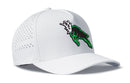 Introducing the Haka Hat Green Buck Performance 5-Panel Hat, a white cap featuring a green and black stylized deer logo on the front panel. Designed by Haka Hat, this Stag Flexfit Snapback offers perforated side panels for ventilation and an adjustable snapback for a comfortable fit.