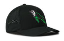 Introducing the Haka Hat Green Buck Performance 5-Panel Hat by Haka Hat. This stylish Stag Flexfit Snapback features small side perforations and a green-outlined deer with white antlers logo on the front. With its water-repellent design and adjustable Flexfit snapback closure, this hat combines modern comfort, versatility, and style in one sleek package.
