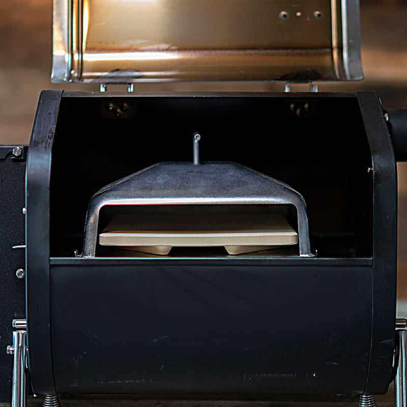 Green Mountain Grill Pizza Oven accessory for Trek pellet grill shown in grill. 