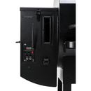 Close-up of the Green Mountain Grills Peak Prime 2.0 Wi-Fi Controlled Pellet Grill’s black control panel featuring a digital temperature display, control knob, Wi-Fi antenna, buttons, and a pellet hopper window for convenient wood-fired grilling.