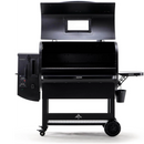 The Green Mountain Grills Peak Prime 2.0 is a black Wi-Fi controlled pellet grill and smoker with front shelf, side hopper, digital controls, grease bucket, windowed lid, wheels for mobility, and wood-fired flavor from Green Mountain Grills.