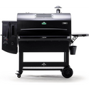 The Green Mountain Grills Peak Prime 2.0 is a large, black Wi-Fi pellet grill with digital controls, chimney, side shelf, wheels for mobility, spacious cooking area, and features GMG/PEAK logos for authentic wood-fired flavor grilling.