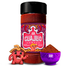 A bottle of Rico Rico Guajillo Chile Powder Shaker featuring vibrant red labeling, a small bowl filled with this mild chili powder, and a cheerful guajillo pepper cartoon character stand beside them—ideal for infusing your favorite dishes with authentic Mexican flavor from Rico Rico.