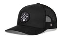 The Haka Hat FIT Trucker Hat in black features a mesh back, snapback closure, and a front round patch with a kettlebell and the letters F, I, T divided by crossed lines—perfect for fitness enthusiasts.