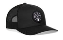 The Haka Hat FIT Trucker Hat is a black mesh fitness snapback with a curved brim, featuring a front round patch with "F I T" and a kettlebell icon.