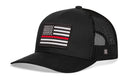 The Haka Hat Thin Red Line Trucker Hat by Haka Hat features a solid black front with a grayscale American flag patch and red stripe, black mesh back, white side logo—perfect snapback style for firefighters.