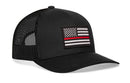 The Haka Hat Thin Red Line Trucker Hat by Haka Hat is a black fire snapback featuring a black mesh design and a grayscale American flag patch with a bold red stripe, showing support for firefighters.