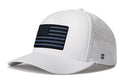 The Haka Hat American Flag Performance 5-Panel Hat by Haka Hat is a white Flexfit® snapback featuring a black and blue flag patch and perforated sides for breathability—ideal for stylish, comfortable patriotic wear.