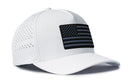 The Haka Hat American Flag Performance 5-Panel Hat features side ventilation, a Flexfit® Snapback, and a black/gray flag patch with a blue stripe—combining style and function for those seeking a tactical look.