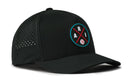 The Haka Hat Arizona Baseball Performance 5-Panel Hat | ARI X Flexfit® Snapback is a black water-repellent hat featuring side vents, a round crossed-lines A-R-I patch with baseball icon, and a comfort Flexfit sweatband—ideal for game day.