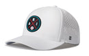 The Haka Hat Arizona Baseball Performance 5-Panel Hat features a white design with a black, teal, and red ARI circular logo, ventilation holes, embroidered H logo on the side, and a Flexfit® sweatband for comfort.