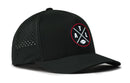 The Haka Hat Atlanta Football Performance 5-Panel Hat | ATL X Flexfit® Snapback is a black hat with a round patch showing crossed lines, T, A, L letters, and a football icon. Features side ventilation holes and a curved brim for comfort and style.