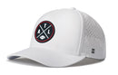 The Haka Hat Atlanta Football Performance 5-Panel Hat is a white Flexfit® Snapback with perforated side panels, a round black and red ATL X logo with crossed lines and football, and a small H logo on the side.