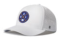 The Haka Hat Baltimore Football Performance 5-Panel Hat features a round patch with crossed bats, "BAL," and a football, plus ventilation holes, a small "H" logo, and a Flexfit® sweatband for comfort.