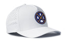 The Haka Hat Baltimore Football Performance 5-Panel Hat features a white, water-repellent design with perforated side panels, a Flexfit® sweatband, and a front blue and yellow badge with crossed bats, letters ABL, and a baseball.
