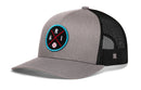 The Haka Hat Arizona Trucker Hat | ARI X Baseball Snapback features a grey and black design, mesh back, curved brim, and a front patch with “ARI,” a baseball, and Phoenix Arizona vibes. Brand: Haka Hat.