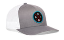 The Haka Hat Arizona Trucker Hat features a gray and white mesh, snapback design, and front round patch with blue border, black background, ARI letters, and baseball graphic—ideal for Phoenix Arizona fans.