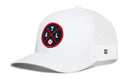The Haka Hat Atlanta Trucker Hat | ATL X Baseball Snapback features white mesh, a round black, red, and white patch with A, T, L letters and a baseball on the front, plus a small logo tag on the side for true Atlanta style.