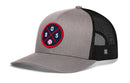 The Haka Hat Boston Trucker Hat (BOS X Baseball Snapback) is gray and black with a snapback closure and a round front patch featuring crossed lines, B, O, S letters, a baseball icon, and a red border.