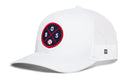 The Haka Hat Boston Trucker Hat (BOS X Baseball Snapback) features a white design with a circular embroidered baseball logo—letters B, O, S, and red cross—plus a black side accent and an adjustable classic snapback closure.