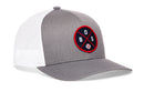 The Haka Hat Boston Trucker Hat is a gray and white mesh snapback featuring a round patch with "BOS" letters, a small baseball icon, and red border—perfect for any Boston fan.