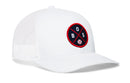 The Haka Hat Boston Trucker Hat features a white mesh design with a snapback closure and front patch showing crossed red lines, BOS lettering, and a small baseball—highlighting Boston style.