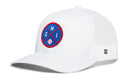 The Haka Hat Chicago Trucker Hat is a white mesh snapback with a blue circular patch, red trim, and the letters C, H, I plus a baseball icon—ideal for fans adding to their Chicago hat collection.