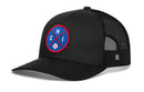 The Haka Hat Chicago Trucker Hat features a black snapback design with mesh back and a blue, red, and white CHI X Baseball patch—classic Chicago style from Haka Hat.