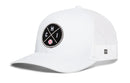 The Haka Hat Chicago Trucker Hat features a white mesh snapback, a black circular patch with crossed bats, "CHI" lettering, and a red-and-white baseball graphic—classic Chicago style from Haka Hat.