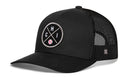 The Haka Hat Chicago Trucker Hat features a silver CHI X baseball snapback design, a circular patch with H, C, and I letters plus a baseball graphic on the front, and a small H logo on the mesh back.