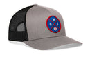 The Haka Hat Chicago Trucker Hat is a gray and black mesh snapback featuring a round blue and red front patch with “CHI” and a baseball graphic inside two crossed lines.