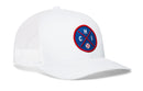 The Haka Hat Chicago Trucker Hat features a white mesh design with a blue and red CHI patch and baseball, offering classic Chicago style for fans.