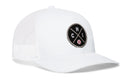 The Haka Hat Chicago Trucker Hat is a white mesh snapback featuring a round black patch with crossed lines, CHI lettering, and a baseball graphic—blending classic Chicago trucker style with sporty details.