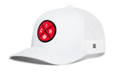 The Haka Hat Cincinnati Trucker Hat | CIN X Baseball Snapback features white mesh, a red circular patch with black intersecting lines, "CIN" letters, a baseball icon on front, and a comfort-fit sweatband for all-day wear.
