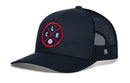 Show off your Cleveland baseball pride with the Haka Hat Cleveland Trucker Hat | CLE X Baseball Snapback, a black mesh trucker hat from Haka Hat featuring a circular red patch with "CLE" lettering and a baseball design on the front.