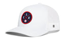 The Haka Hat Cleveland Trucker Hat is a white mesh snapback with a curved brim, featuring a round navy patch trimmed in red displaying crossed lines, C, L, E letters, and a small baseball on the front.