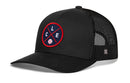 The Haka Hat Cleveland Trucker Hat is a black mesh-back snapback featuring a round CLE X patch with crossed blue and red lines, C L E letters, and a baseball icon for classic style.