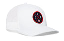 The Haka Hat Cleveland Trucker Hat | CLE X Baseball Snapback features a white mesh back, snapback closure, and a round navy patch with red C, L, E letters separated by lines and a small baseball graphic on the front.
