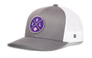 The Haka Hat Colorado Trucker Hat | COL X Baseball Snapback features a gray and white design, curved brim, mesh back, and a purple patch with crossed lines, C-O-L letters, and a baseball—ideal for fans of Denver Colorado style.