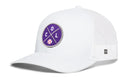 The Haka Hat Colorado Trucker Hat | COL X Baseball Snapback features a white mesh trucker style, curved brim, snapback closure, and a round purple patch with COL, a baseball graphic, and Denver Colorado vibes.