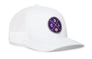 Show your Denver pride with the Haka Hat Colorado Trucker Hat—a white mesh snapback featuring a round purple COL X Baseball patch on the front.