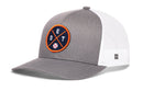 The Haka Hat Detroit Trucker Hat is a gray and white snapback with a round navy patch, orange trim, crossed bats, DET letters, and a small baseball—classic Detroit style and comfort from Haka Hat.