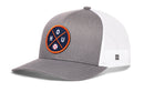 The Haka Hat Houston Trucker Hat | HOU X Baseball Snapback by Haka Hat is a gray and white cap with a round navy patch, orange "HOU," a baseball graphic, curved brim, snapback closure, and breathable white mesh back.