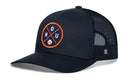 Introducing the Haka Hat Houston Trucker Hat | HOU X Baseball Snapback: a sleek black mesh trucker cap by Haka Hat, featuring a circular patch with bold orange crossed lines, "HOU" lettering, and a small baseball icon—making it the perfect accessory for any Houston baseball fan.